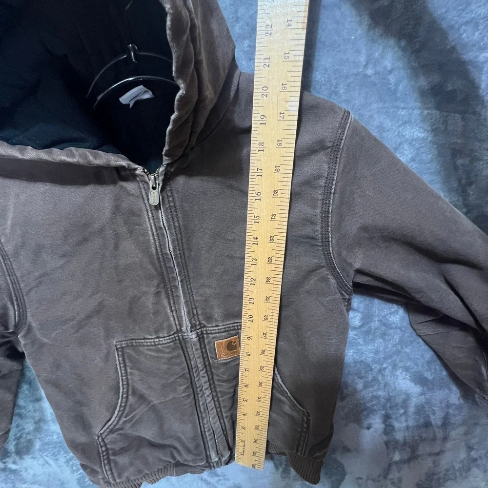 Carhartt Boys Small 8/10 Brown Canvas Hooded Utility Jacket Distressed Faded